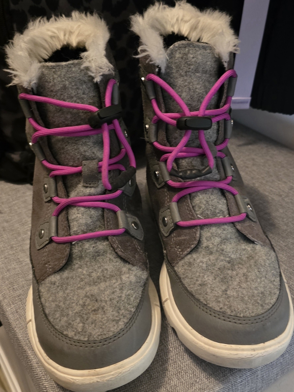 Sorel Gray Winter Boots with Pink Laces
